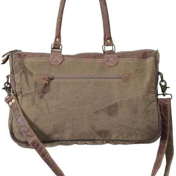 Myra Bag Champagne Fringe Upcycled Canvas and Genuine Leather Crossbody Bag - Picture 6 of 7